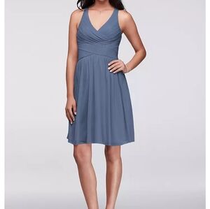 David's Bridal Blue V-Neck Ruched Midi Dress
